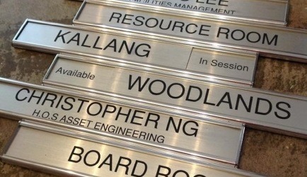 End-cap type office nameplate example with laser-cut gravoply insert